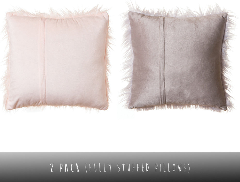 Faux Fur Throw Pillow With Insert, Silver Grey And Pink