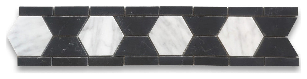 Carrara White Marble 3 Hexagon Black Mosaic Border Listello Tile Honed, 1 sheet