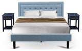 3-Piece Platform Bed Set, 1 Queen Bed Frame, 2 Night Stands Denim Blue Fabric