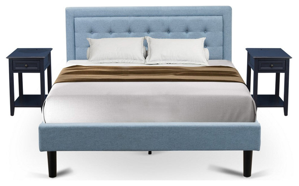 3-Piece Platform Bed Set, 1 Queen Bed Frame, 2 Night Stands Denim Blue Fabric