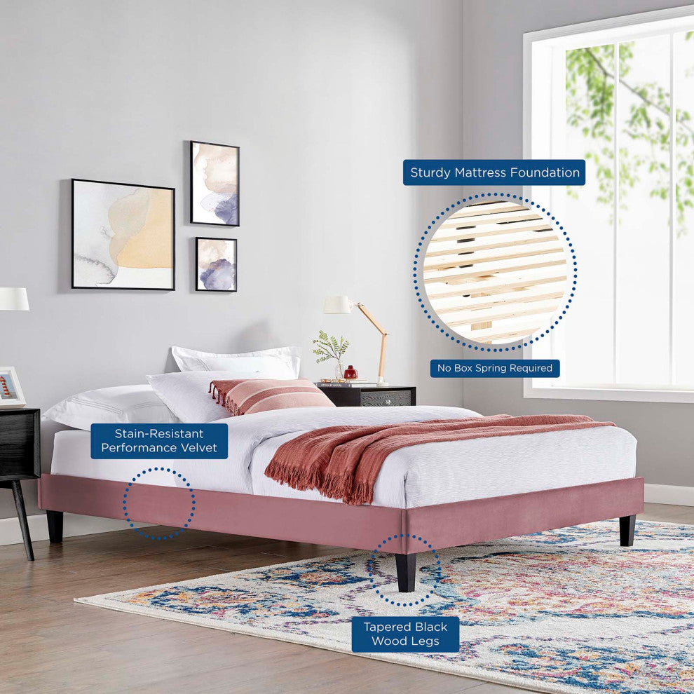 Reign Queen Performance Velvet Platform Bed Frame Dusty Rose