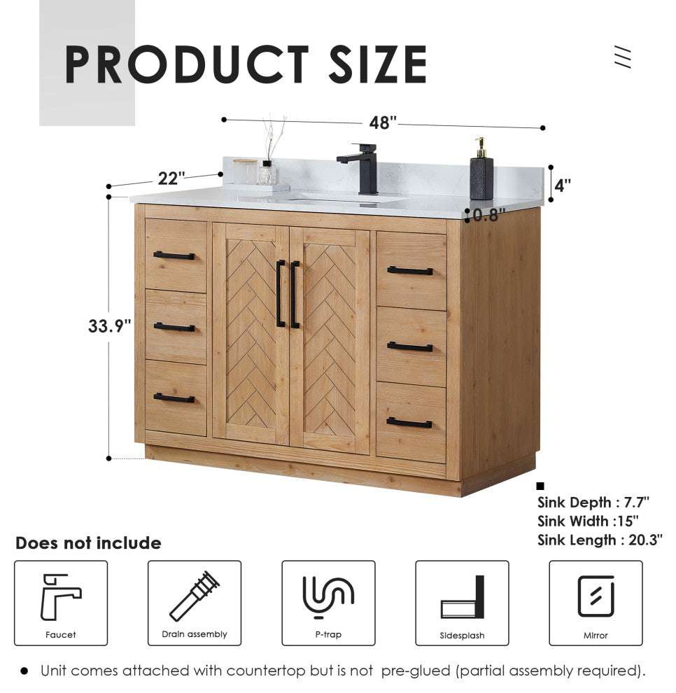 Anais Vanity Grain White Engineered Stone Countertop, Light Brown, 48", No Mirror