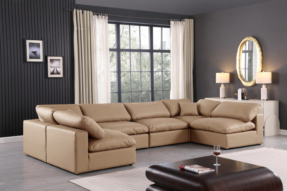Comfy Upholstered U-Shaped Modular Sectional, Tan, 6-Piece: 4 Armless Chair, 2 Corner Chair, Vegan Leather