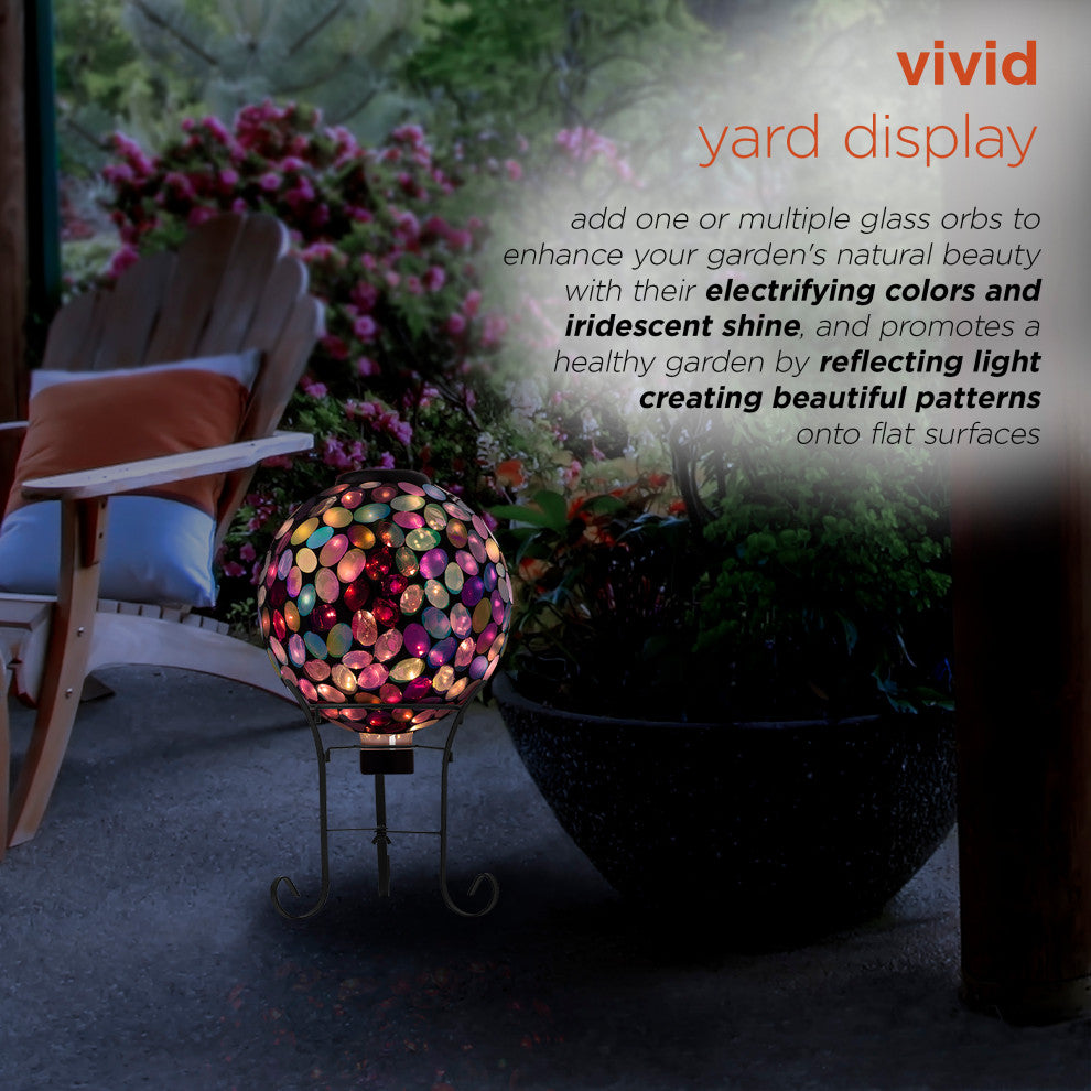 Solar Powered Pink Glass Mosaic Gazing Globe with LED Lights and Metal Stand