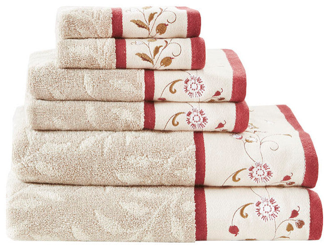 Madison Park Serene Embroidered Cotton Jacquard 6 Piece Towel Set, Red