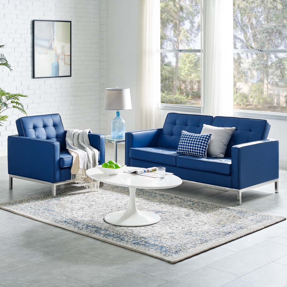 Tufted Armchair and Loveseat Sofa Set, Faux Leather, Silver Blue Navy, Modern