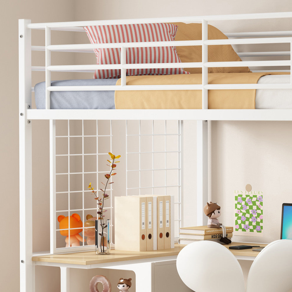 Gewnee Twin Loft Bed with Desk and Storage Wardrobe