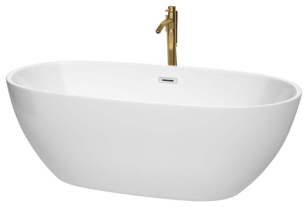Juno Freestanding Bathtub, Polished Chrome Trim, 67", Faucet in Brushed Gold