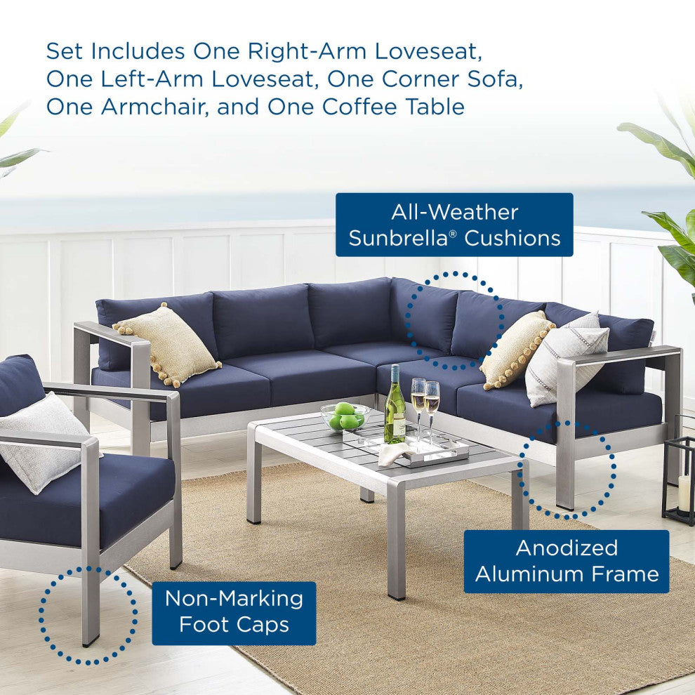 Sectional Sofa Chair Table Set, Sunbrella, Aluminum, Silver Blue Navy, Outdoor