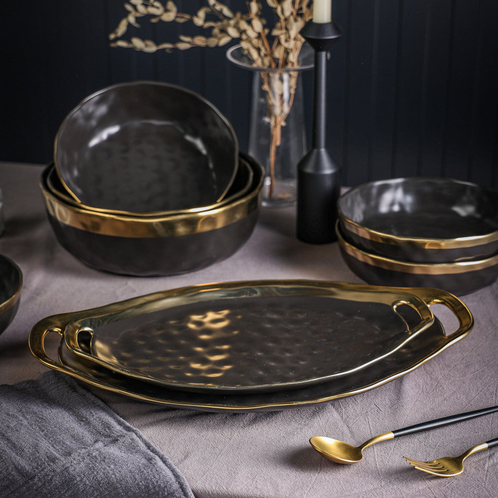 2-Piece Stone Lain Florian Porcelain Serving Plate Set, Black