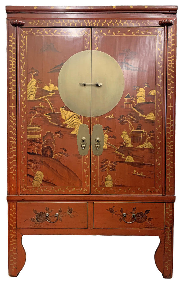 Chinese Antique Wedding Chest With Landscape Hand Painting