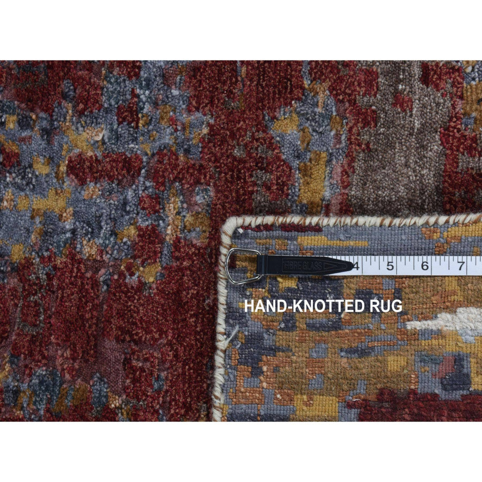 Red, Wool and Silk, Abstract Design Hand Knotted Runner Rug, 2'7"x8'1"