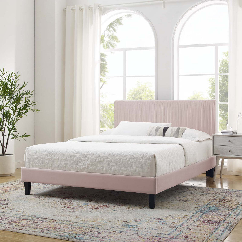 Platform Bed Frame, King Size, Velvet, Pink, Modern Contemporary, Bedroom Master