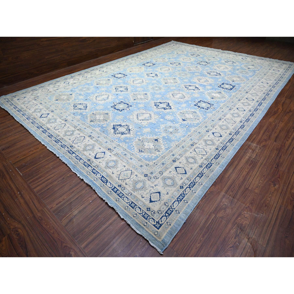 Beau Blue Vintage Look Kazak Hand Knotted Wool Oversized Rug 12'1"x17'4"