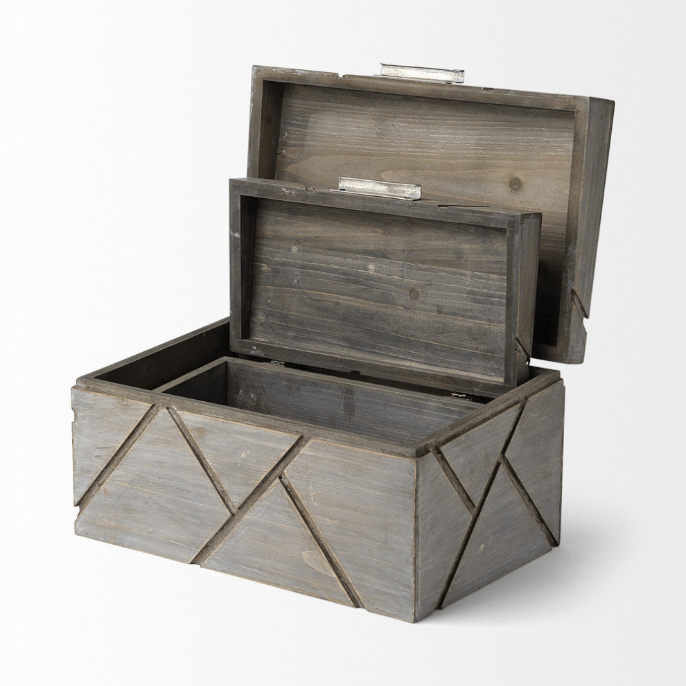 Set of Two Gray Wooden Boxes With Carved Details