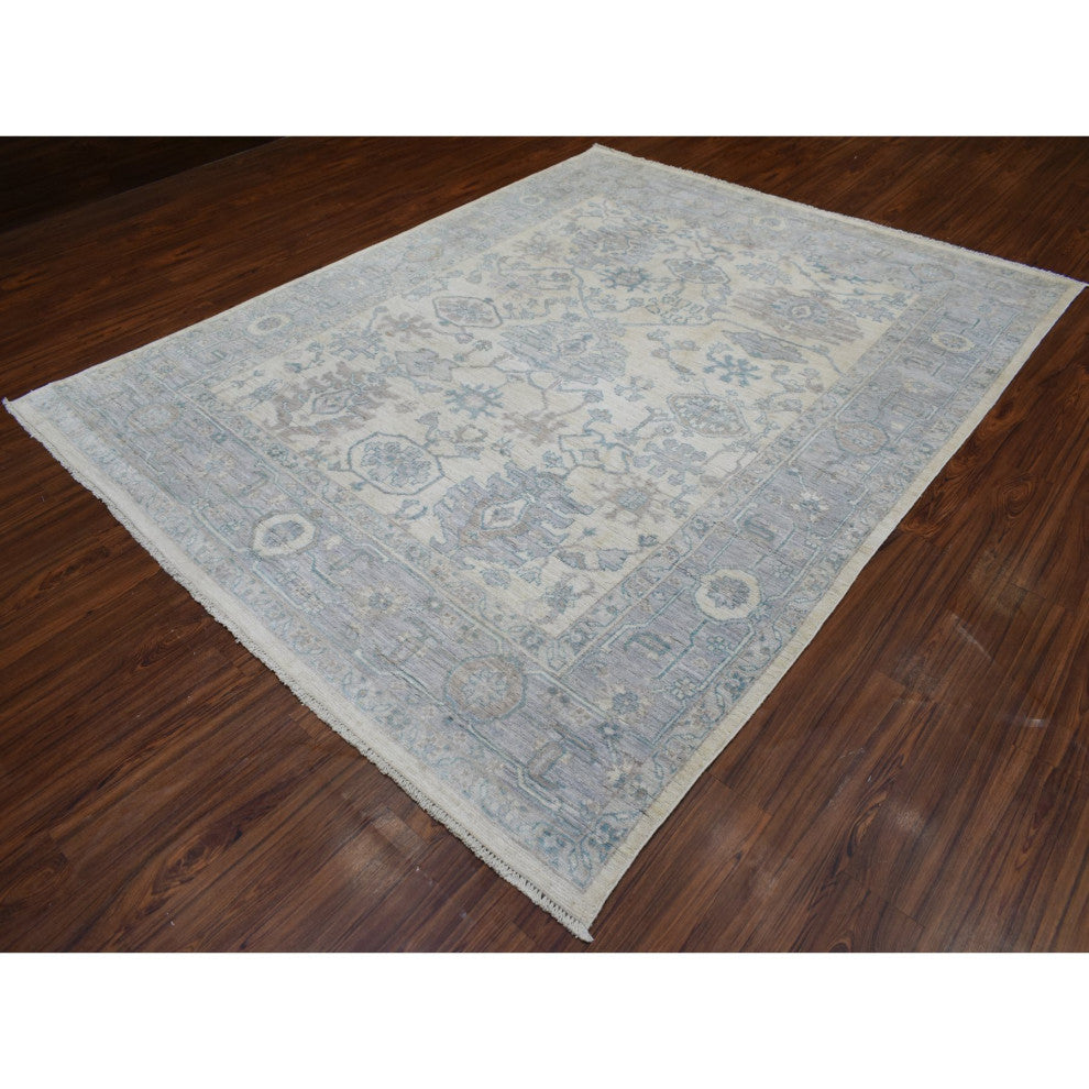 Afghan Angora Oushak Ivory-Blue Organic Wool Hand Knotted Rug, 7'10" x 10'0"
