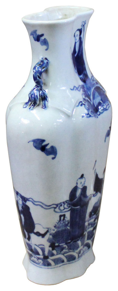 Chinese Blue White Porcelain Eight Immortal Graphic Flat Body Vase Hws399