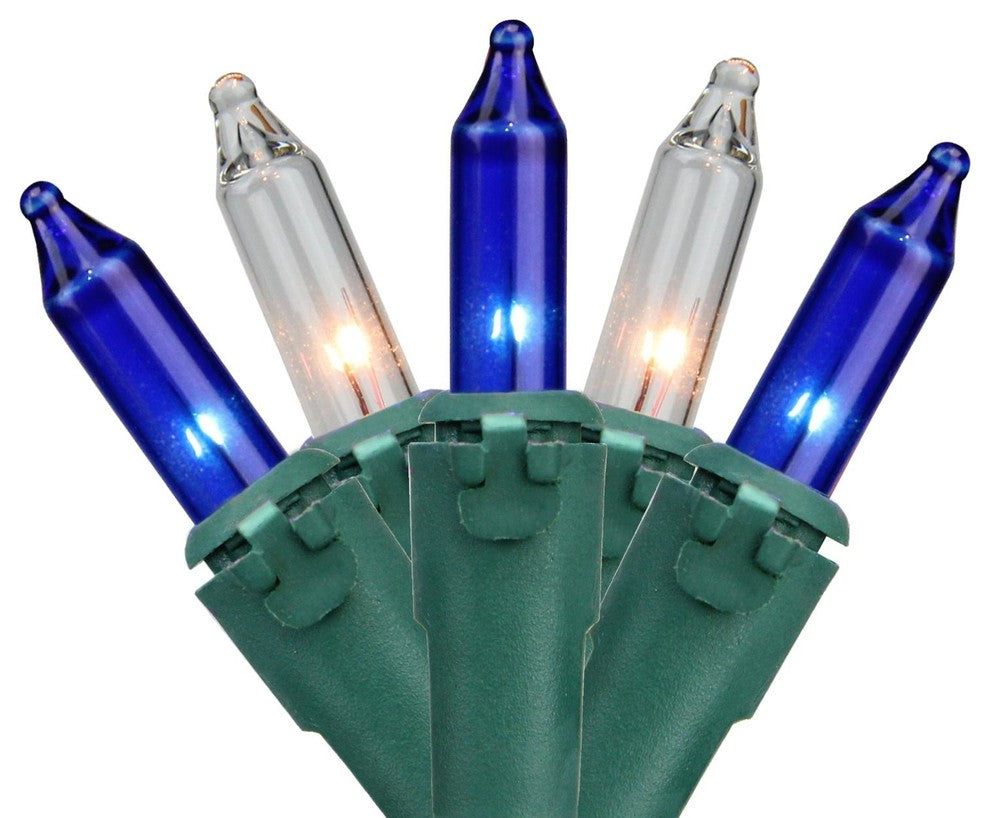 Set of 35 Blue & Clear Mini Christmas Lights 2.5" Spacing - Green Wire