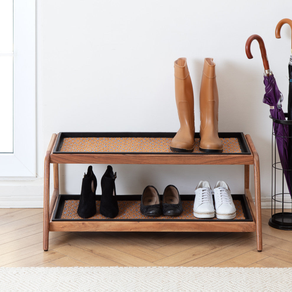Double-Tier Natural Stand With 3-Pair Rubber Boot Trays My Blue Heaven