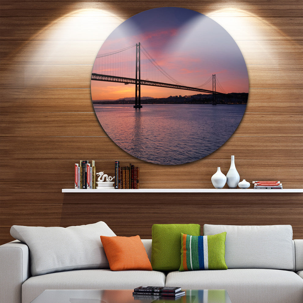 Wonderful View Of Lisbon Bridge, Seascape Round Metal Wall Art, 36"