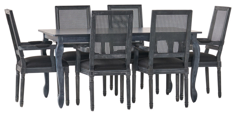 Regan Fabric Upholstered Wood and Cane Expandable 7-Piece Dining Set, Gray/Black