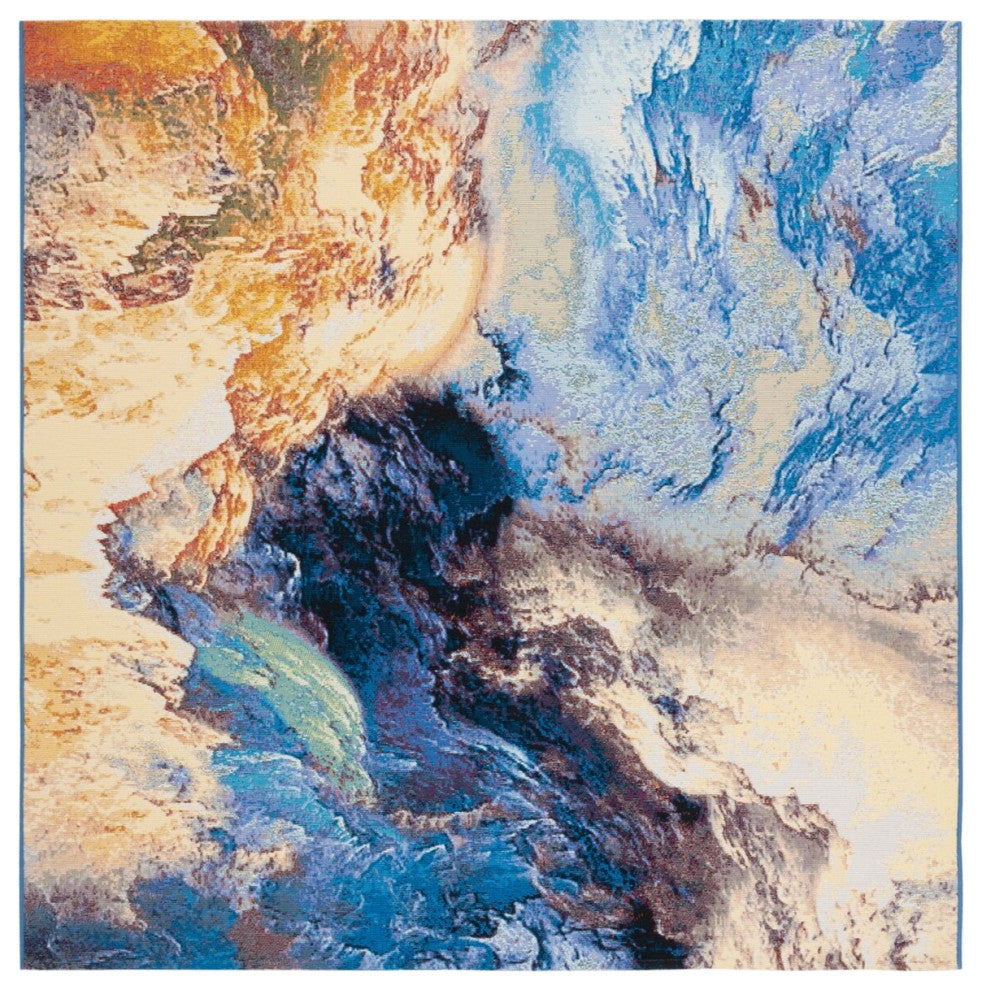 Safavieh Barbados Collection Indoor-Outdoor, BAR540 Rug, Blue/Rust/Gold, 6'6" Square