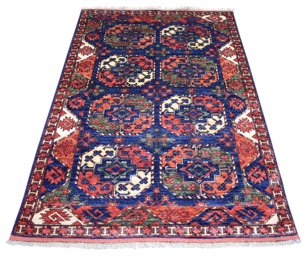 Blue Afghan Ersari with Elephant Feet Design Hand Knotted Wool Rug, 4'0" x 5'9"