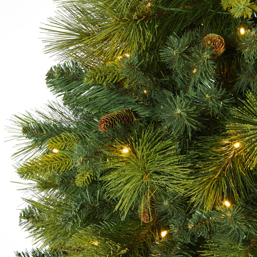 6.5' North Carolina Pine Faux Xmas Tree W/Lights, Bendable Branches & Pinecones