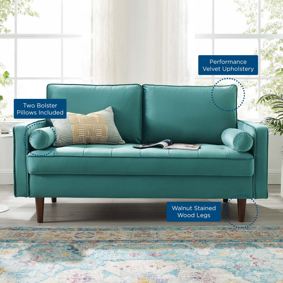 Loveseat Sofa, Velvet, Teal Blue, Modern, Living Lounge Hotel Lobby Hospitality