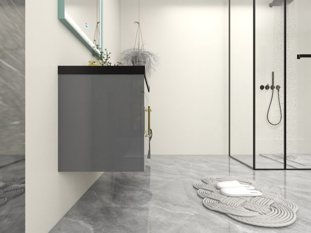 Rosa 36" Wall Mounted Modern Vanity, High Gloss Gray, Matt Black Top