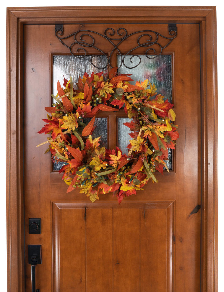 24 in. Holiday Wreath with Lights, Fall Harvest Leaf