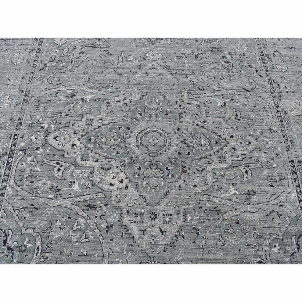 Gray Silk With Wool Erased Broken Persian Design Hand Knotted Rug 8'3"x10'1"