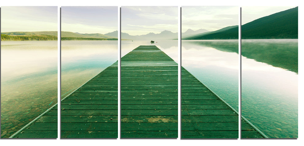Green Wood Pier At Glacier Park, Seashore Canvas Art Print, 60"x28", 5 Panels