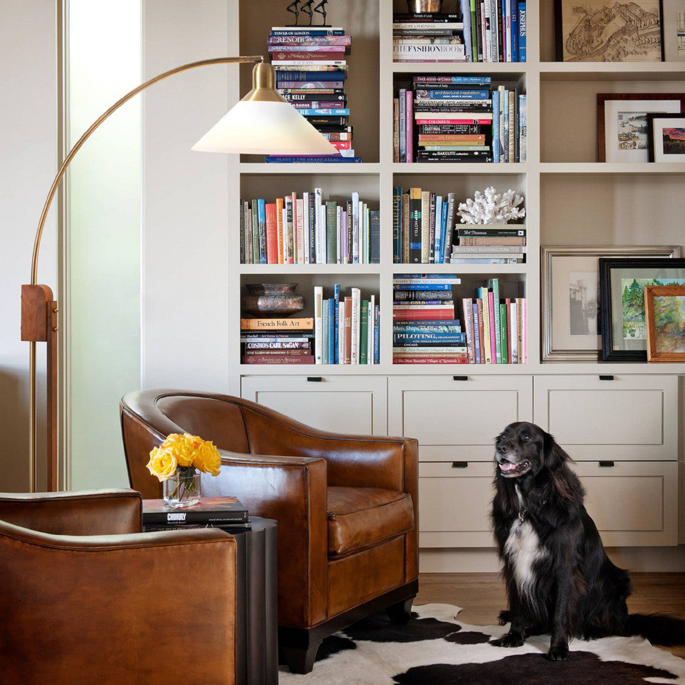 Melmar Chairside Arc Floor Lamp -Weather Brass and Walnut, Dimmer Switch, V-Base