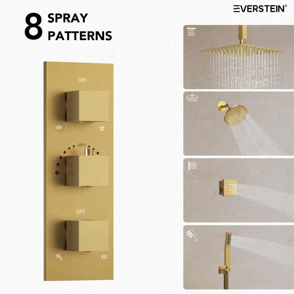 Thermostatic Dual Heads 12" Rainfall Shower System With 3 Body Jets, Brushed Gold