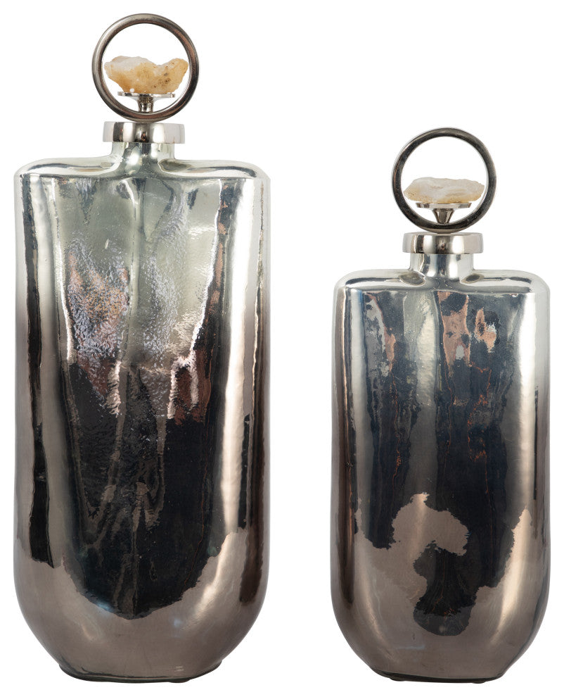 Glass, 19" Metallic Bottle, Stone Top, Silver