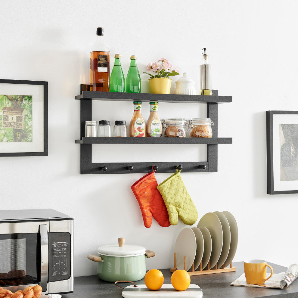 Danya B 2-Tier Ledge Wall Shelf Organizer with Five Hanging Coat or Towel Hooks, Black