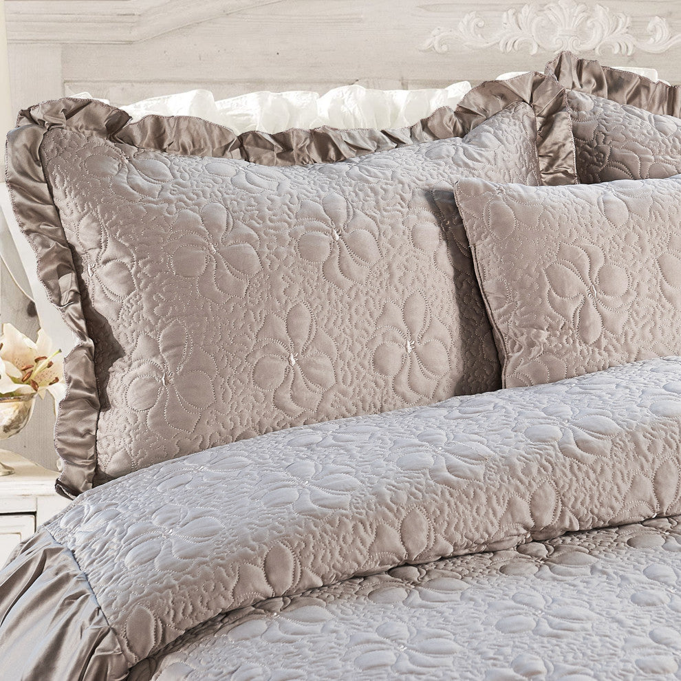 Matte Satin Ruffle 4 Piece Bed Spread Set, Taupe, King