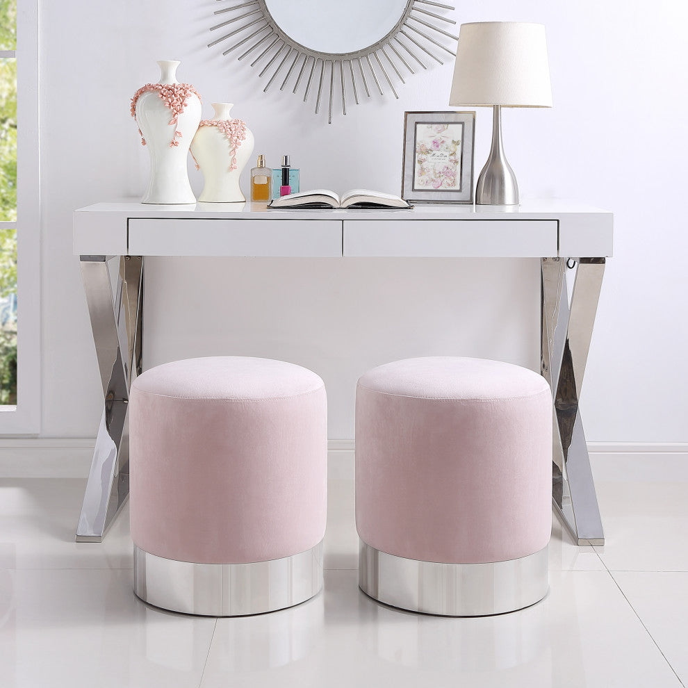 Madelyn Velvet Round Ottoman With Metal Base, Blush/Chrome