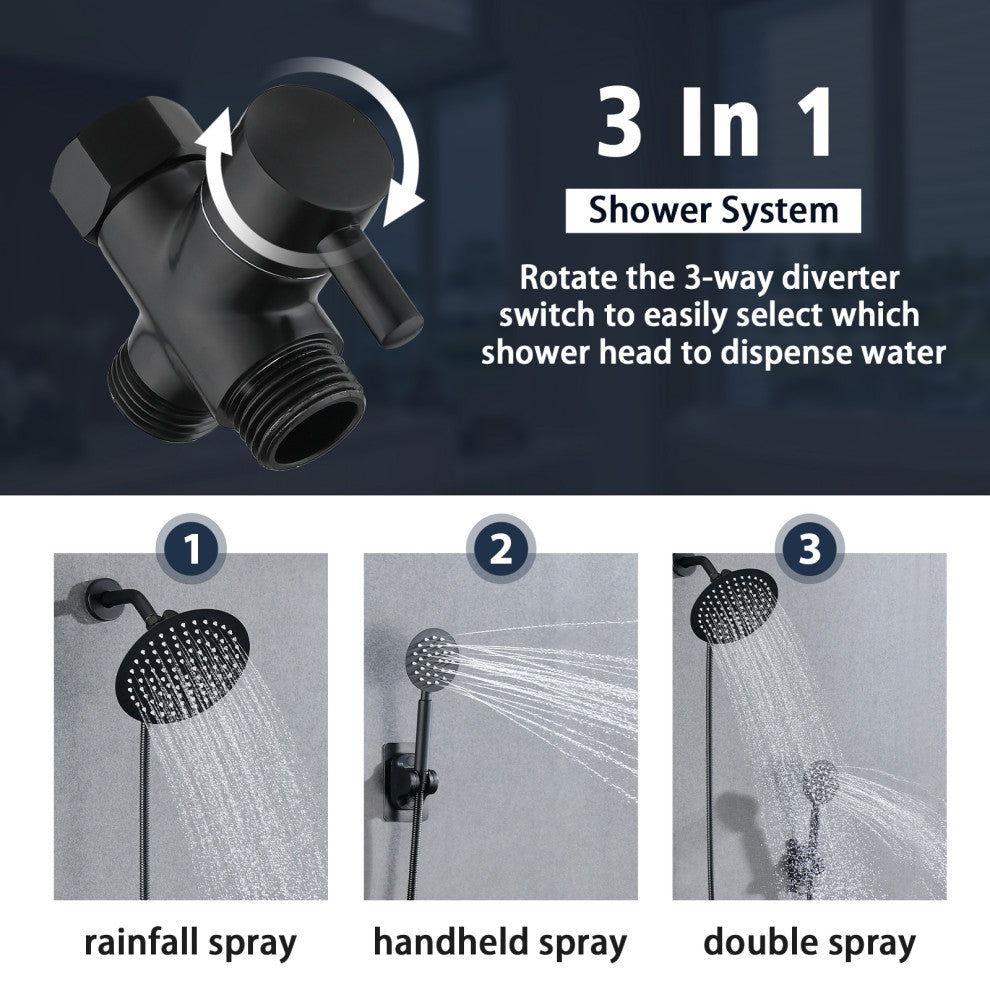 Full Metal Round Hand Shower, High Pressure 8'' Stainless Steel Rain Shower Set, Matte Black