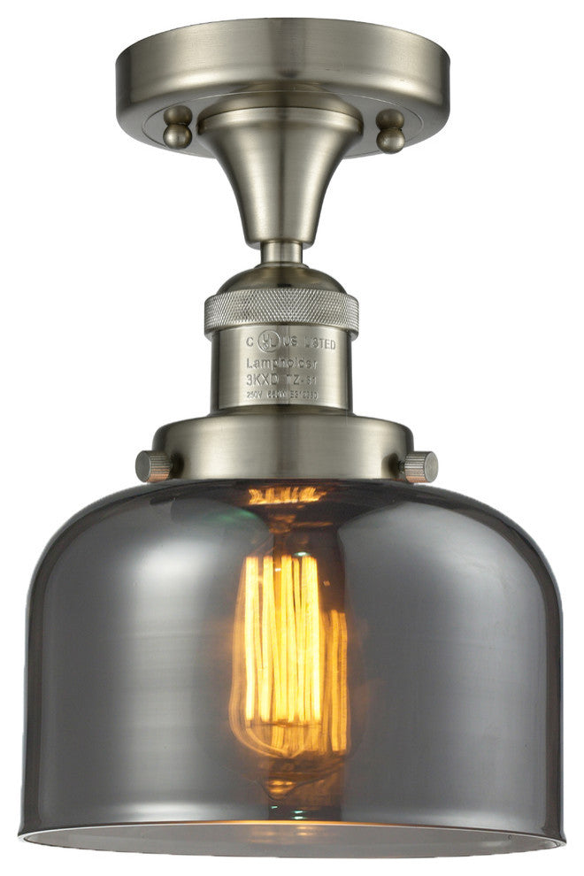 Large Bell 8" Semi-Flush Mount, Brushed Satin Nickel, Glass: Plated Smoked