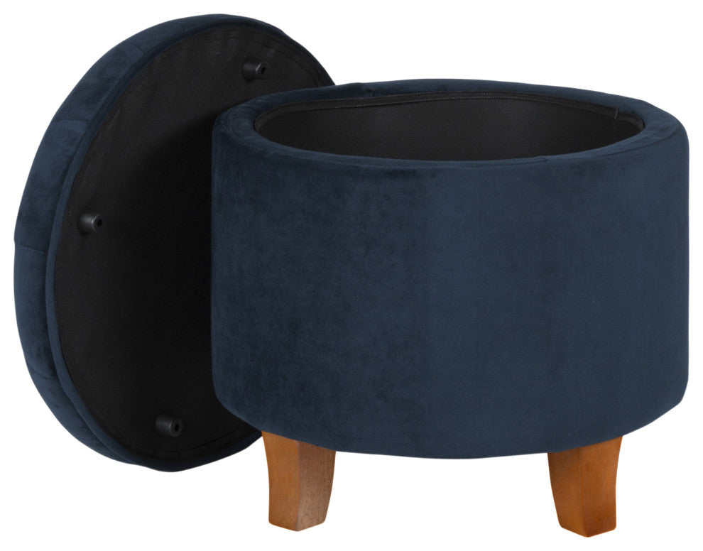Benzara BM194928 Velvet Wooden Ottoman With Hidden Storage, Dark Blue and Brown