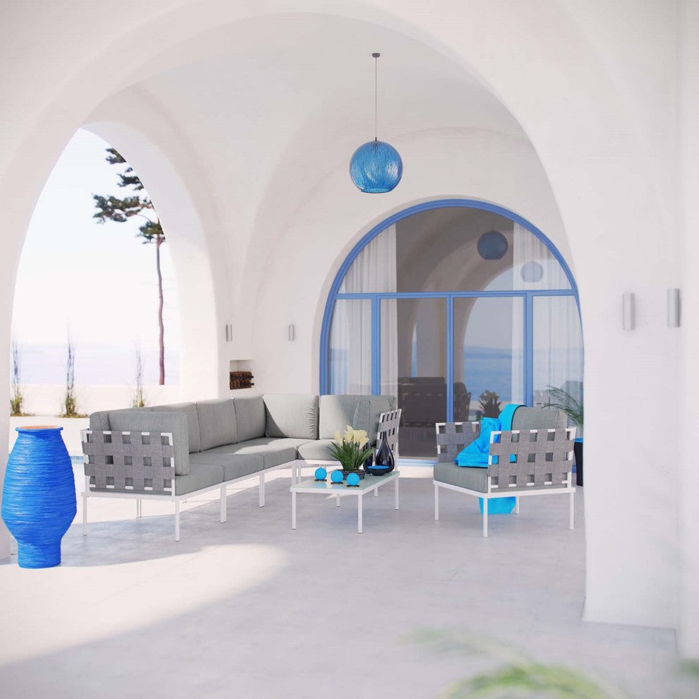 Modern Urban Outdoor Patio 7-Piece Sectional Sofa Set, Gray White Gray, Rattan