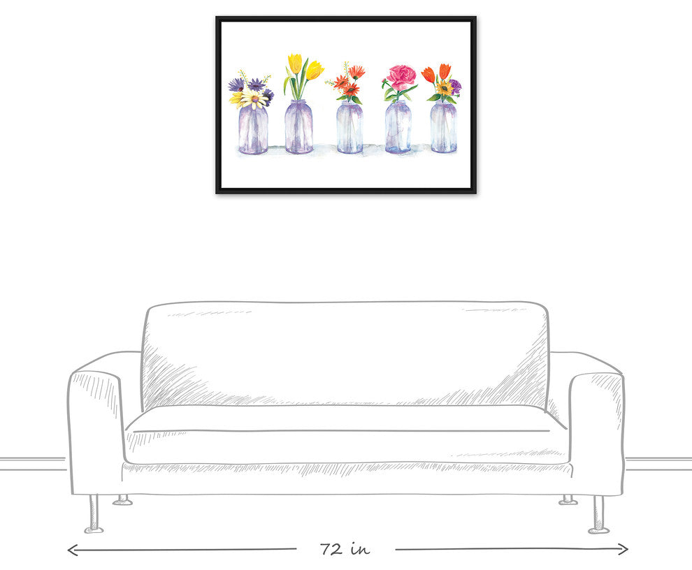 Painted Flowers in Glass Jars Print 24x36 Black Floating Framed Canvas