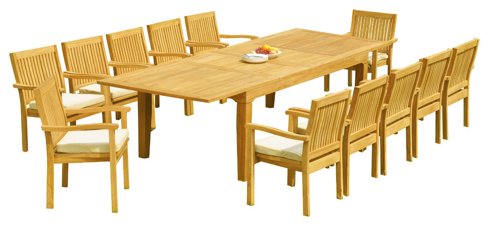 13-Piece Outdoor Teak Dining Set 122" Rectangle Table, 12 Lev Stacking Arm Chair