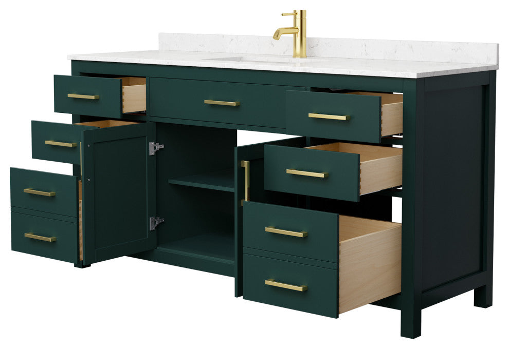 66"SGL Bathroom Vanity Green, Carrara Cult. Marble Countertop, Sink, Gold Trim