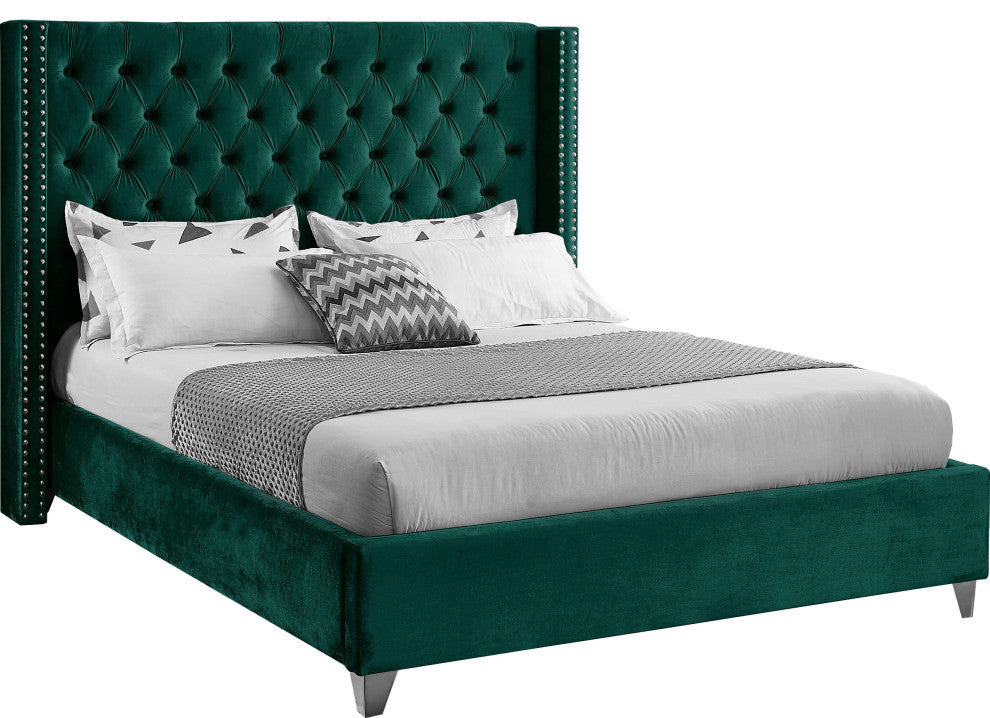 Ames Velvet Bed, Green, Queen
