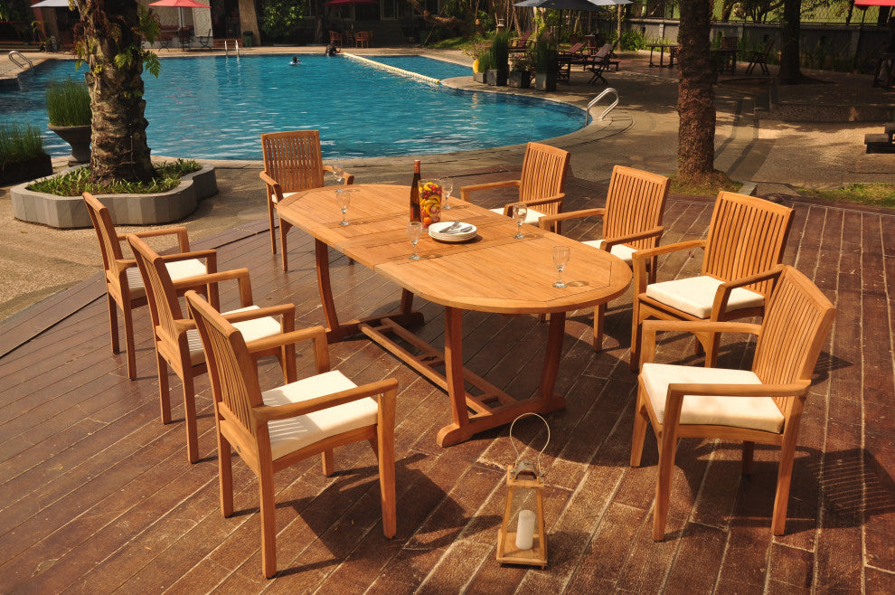 9-Piece Outdoor Teak Dining Set: 94" Masc Oval Table, 8 Lua Stacking Arm Chairs
