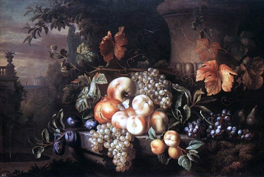 Jakab Bogdany Fruit-Piece With Stone Vase, 18"x27" Wall Decal