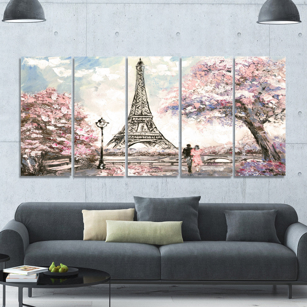 Eiffel with Pink Flowers, Landscape Canvas Art Print, 60"x28", 5 Panels